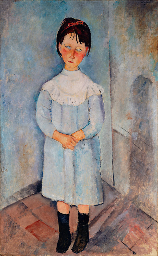 girl in blue with red ribbon