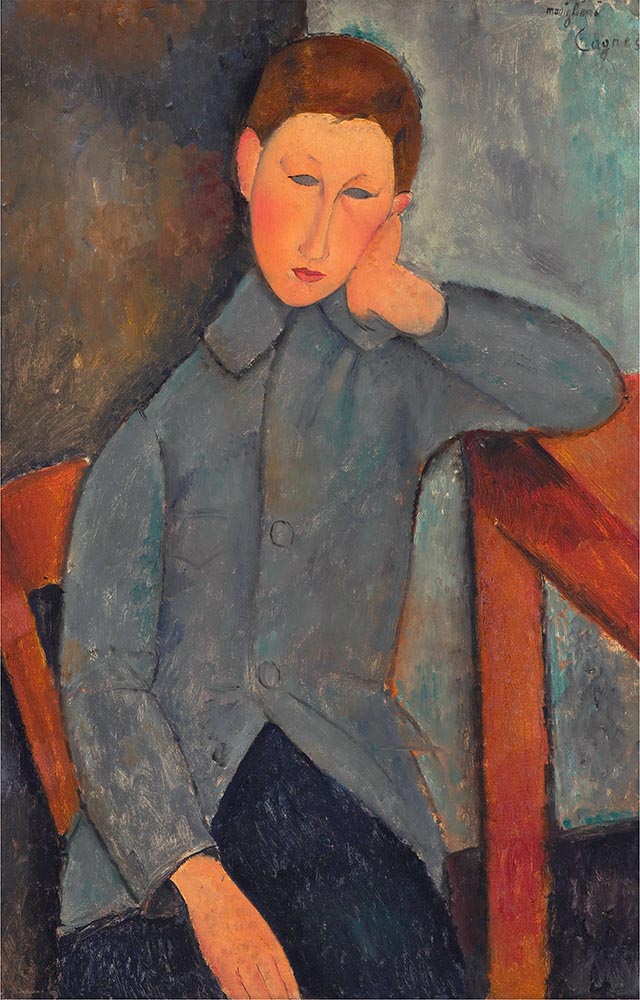 boy in blue leaned at a table by amedeo modigliani