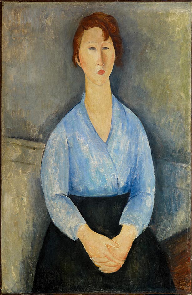 woman in blue shirt