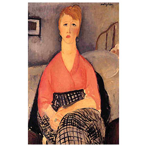 young blod in front of the bed or jeune femme devant le lit  or the pink blouse by amedeo modigliani