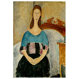 Hébuterne seated in front of a bed by amedeo modigliani