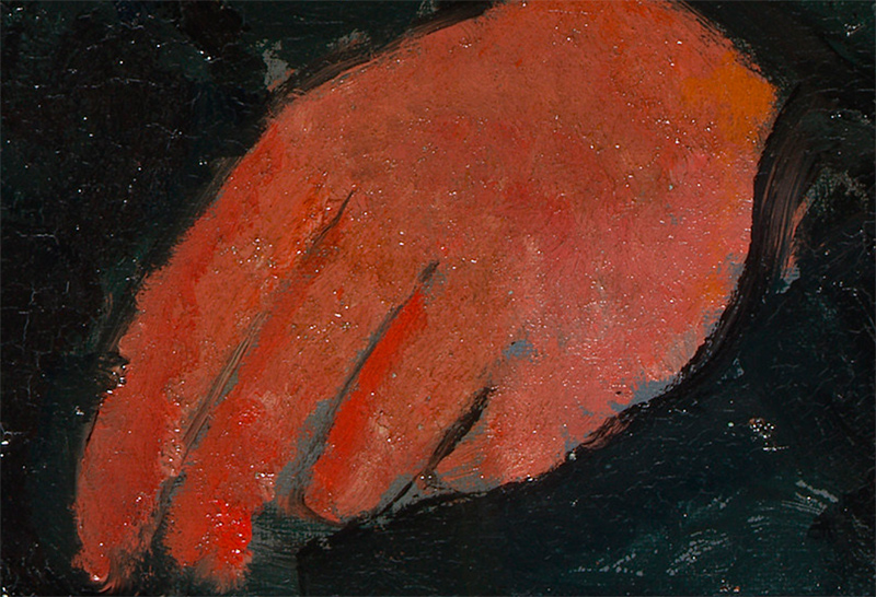 detail of the hands orange brushwork