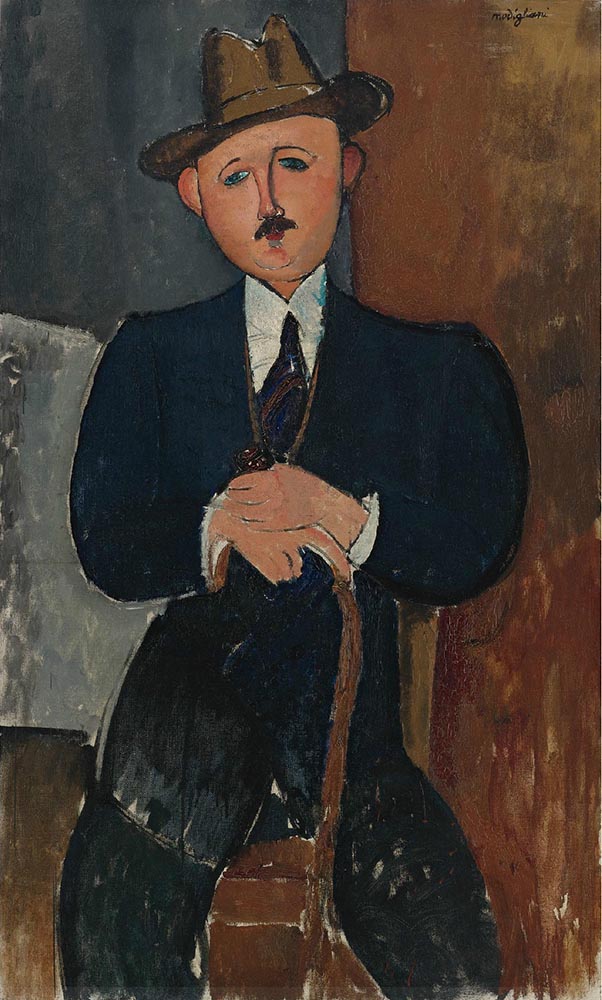 Seated man (leaning on a cane)  by amedeo modigliani